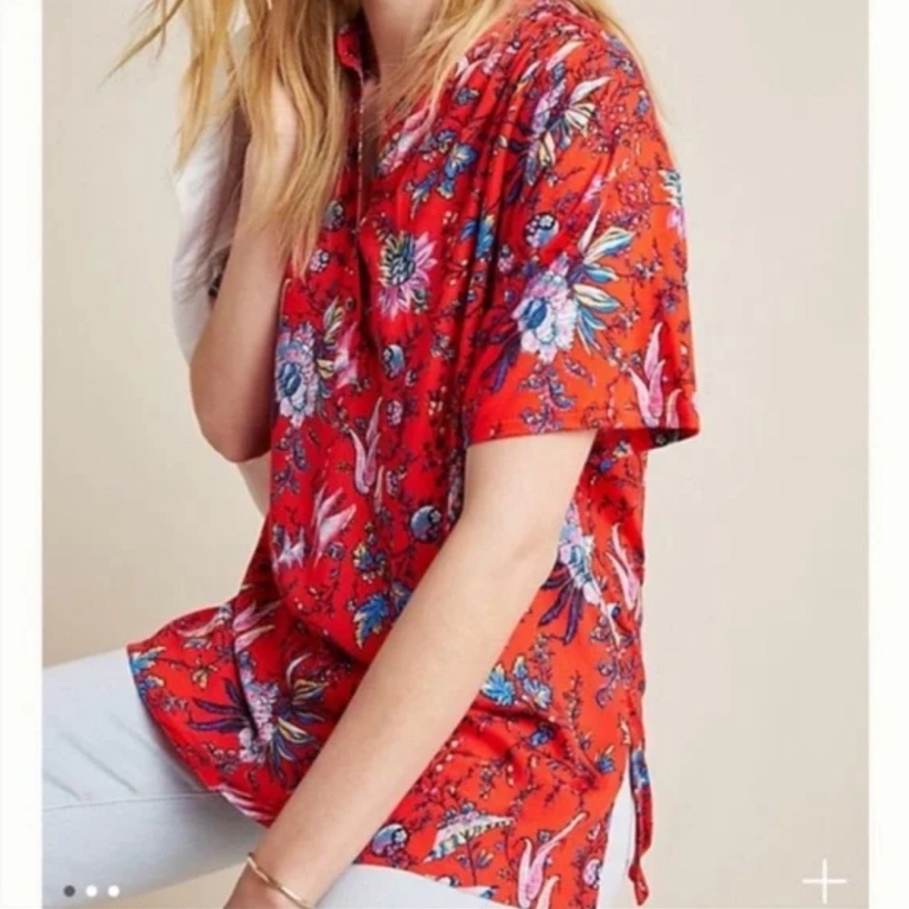 Maeve by Anthropologie Floral Boho Prairie Res Textured Short Sleeve Top XS